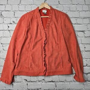 Chicos Faux Suede Orange Ruffle Accent Single‎ Hook Eye Closure Jacket Size 1